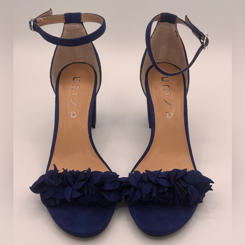 Unisa Royal Blue Suede Block Heels with Floral Toe Detail